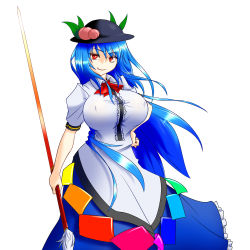 Rule 34 | 1girl, blue hair, breasts, covered erect nipples, dress, female focus, hat, hinanawi tenshi, huge breasts, long hair, long skirt, red eyes, simple background, skirt, smile, solo, staff, standing, taiga isaka, touhou, white background