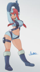 Rule 34 | 1girl, blue eyes, boots, breasts, creatures (company), crop top, dark-skinned female, dark skin, game freak, gloves, highres, large breasts, long hair, long sleeves, nintendo, pokemon, pokemon bw, red hair, ryuusui arumo, shorts, skyla (pokemon), stretching, thick thighs, thighs