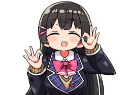 Rule 34 | 1girl, :d, ^ ^, black hair, blazer, blue jacket, blush stickers, bow, bowtie, closed eyes, double ok sign, hair ornament, hairclip, jacket, kanikama, long hair, nijisanji, ok sign, open mouth, pink bow, pink bowtie, school uniform, simple background, smile, solo, tsukino mito, tsukino mito (1st costume), virtual youtuber, white background
