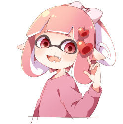 Rule 34 | 1girl, blush, bow, fangs, hair bow, hair ornament, hairclip, hand in own hair, heart, heart hair ornament, inkling, inkling girl, inkling player character, long hair, long sleeves, looking to the side, namori, nintendo, nose bubble, open mouth, pink bow, pink eyes, pink hair, pink shirt, pointing, pointing up, pointy ears, shirt, short hair, simple background, smile, solo, splatoon (series), upper body, white background