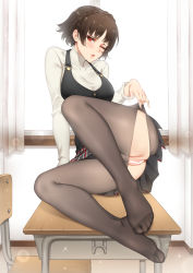 Rule 34 | 1girl, ;o, bar censor, black pantyhose, blush, braid, brown hair, censored, commentary request, desk, feet, full body, kinhasu, legs, looking at viewer, niijima makoto, no panties, no shoes, on desk, one eye closed, open mouth, paid reward available, pantyhose, persona, persona 5, pussy, red eyes, school, school uniform, short hair, skirt, solo, torn clothes, torn pantyhose, uniform