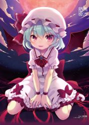 Rule 34 | 1girl, artist name, ascot, bat wings, between legs, blue hair, blush, bow, cloud, fangs, footwear bow, frilled skirt, frills, full body, full moon, hair between eyes, hand between legs, hat, hat bow, jewelry, looking at viewer, minamura haruki, mob cap, moon, night, open mouth, pendant, pointy ears, purple eyes, red bow, remilia scarlet, ribbon-trimmed skirt, ribbon trim, shoes, short hair, short sleeves, sitting, skirt, slit pupils, smile, solo, star (sky), touhou, wariza, white footwear, white hat, white skirt, wings, wristband