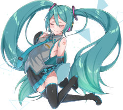 Rule 34 | 1girl, aqua eyes, aqua hair, aqua necktie, arched back, arm behind back, bare shoulders, black skirt, black sleeves, black thighhighs, boots, breasts, closed eyes, commentary, detached sleeves, floating, full body, grey shirt, hair ornament, hand on own chest, hatsune miku, headphones, headset, high heels, highres, legs up, long hair, miniskirt, necktie, pleated skirt, shirt, shoulder tattoo, skirt, sleeveless, sleeveless shirt, small breasts, smile, solo, supo01, tattoo, thigh boots, thighhighs, triangle, twintails, very long hair, vocaloid, white background, zettai ryouiki