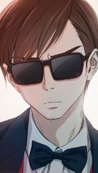 Rule 34 | 1boy, akagi (fmttps), bad id, bad pixiv id, bow, brown hair, close-up, closed mouth, collared shirt, furrowed brow, highres, jacket, jacket on shoulders, male focus, portrait, red vest, shirt, short hair, simple background, solo, sunglasses, tatsumi koutarou, vest, zombie land saga