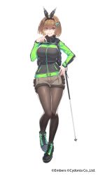 Rule 34 | 1girl, ash arms, backpack, bag, boots, breasts, brown hair, cane, character request, commentary request, eyes visible through hair, full body, grey eyes, hair between eyes, hairband, hand on own hip, heart, highres, hiking pole, jjune, large breasts, looking at viewer, pantyhose, shorts, simple background, smile, solo, standing, white background