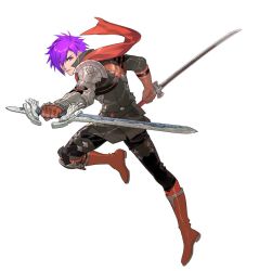 Rule 34 | 1boy, armor, breasts, cape, dual wielding, fire emblem, fire emblem: three houses, fire emblem warriors, fire emblem warriors: three hopes, gloves, hair over one eye, highres, holding, holding weapon, knee pads, kurahana chinatsu, long hair, male focus, matching hair/eyes, nintendo, official art, orange cape, purple eyes, purple hair, shez (fire emblem), shez (male) (fire emblem), short hair, sword, weapon