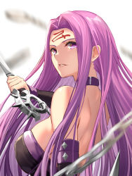 Rule 34 | 1girl, absurdres, back, bare shoulders, black dress, breasts, chain, collar, detached sleeves, dress, facial mark, fate/stay night, fate (series), forehead, forehead mark, highres, large breasts, long hair, looking at viewer, looking back, medusa (fate), medusa (rider) (fate), nameless dagger (fate), parted bangs, purple eyes, purple hair, sidelocks, takehana note, very long hair