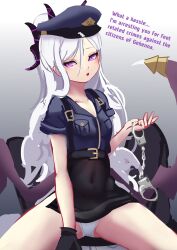 Rule 34 | 1girl, absurdres, black gloves, black skirt, blue archive, blue shirt, cuffs, demon girl, demon horns, demon wings, english text, gloves, grey hair, halo, handcuffs, hat, highres, hina (blue archive), holding, holding handcuffs, horns, long hair, looking at viewer, low wings, multiple horns, panties, police, police hat, police uniform, policewoman, purple eyes, rancidronin, shirt, single glove, skirt, solo, underwear, uniform, white panties, wings
