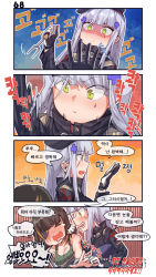 Rule 34 | &gt; &lt;, 2girls, 4koma, :d, aningay, beret, black gloves, black headwear, blush, bound, breasts, cleavage, closed eyes, closed mouth, comic, eyepatch, facial mark, girls&#039; frontline, gloves, green tank top, hair ornament, hat, highres, hk416 (girls&#039; frontline), holding, jacket, korean text, long hair, long sleeves, m16a1 (boss) (girls&#039; frontline), m16a1 (girls&#039; frontline), medium breasts, multiple girls, open mouth, profile, purple jacket, shaded face, silver hair, small breasts, smile, tank top, tied up (nonsexual), translation request, trembling, v-shaped eyebrows