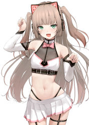 Rule 34 | 1girl, :d, animal ear headphones, animal ears, arm up, bare shoulders, black nails, blush, breasts, brown hair, cat ear headphones, cowboy shot, crop top, detached sleeves, fake animal ears, green eyes, hand up, headphones, highleg, highres, hololive, long hair, long sleeves, looking at viewer, mitsuru (pixiv 34028718), nail polish, natsuiro matsuri, natsuiro matsuri (re:start), navel, open mouth, pleated skirt, shirt, simple background, skirt, sleeveless, sleeveless shirt, small breasts, smile, solo, standing, stomach, thigh strap, two side up, very long hair, virtual youtuber, white background, white skirt