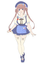 Rule 34 | 1girl, :o, apron, arms at sides, blue apron, blue eyes, blue footwear, blue hair, blue headwear, blue skirt, braid, enkyo yuuichirou, full body, hair rings, highres, looking at viewer, original, puffy short sleeves, puffy sleeves, sailor collar, shirt, shoes, short sleeves, simple background, skindentation, skirt, solo, suspender skirt, suspenders, thighhighs, twintails, waist apron, white background, white sailor collar, white shirt, white thighhighs