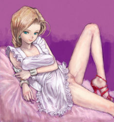 Rule 34 | 1girl, apron, bad id, bad pixiv id, bianca (dq5), dragon quest, dragon quest v, high heels, indoors, jewelry, jpeg artifacts, looking at viewer, lying, naked apron, no panties, open shoes, ponsuke (pon00000), pussy, ring, shoes, simple background, smile, solo, square enix, uncensored