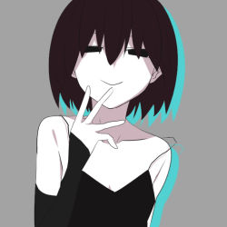Rule 34 | 1girl, aqua background, bad id, bad pixiv id, bare shoulders, black dress, black hair, bob cut, breasts, cleavage, closed mouth, collarbone, commentary, detached sleeves, dress, drop shadow, grey background, hair between eyes, hand to own mouth, hand up, kaze (wil404), looking at viewer, monogatari (series), narrowed eyes, no gloves, oshino ougi, pale skin, short hair, simple background, sleeveless, sleeveless dress, small breasts, smile, solo, spaghetti strap, spread fingers, strap slip, upper body