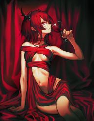 Rule 34 | 1girl, alcohol, arknights, bad anatomy, bad leg, black horns, chinese commentary, choker, commentary request, cup, demon horns, drinking, drinking glass, highres, horns, jewelry, legs, looking at viewer, looking up, nail polish, navel, red background, red choker, red nails, short hair, silver neckwear, solo, surtr (arknights), veilrain, wine, wine glass