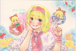 Rule 34 | 1girl, alice margatroid, blonde hair, blue eyes, blue flower, bow, capelet, dated, floral background, flower, food, fruit, hair between eyes, hair bow, hairband, hand on own cheek, hand on own face, highres, holding, holding polearm, holding weapon, index finger raised, jewelry, medium hair, open mouth, orange flower, polearm, puppet rings, red bow, red hairband, ring, shin1ar24, strawberry, teeth, touhou, traditional media, upper body, upper teeth only, watercolor pencil (medium), weapon, white capelet, white flower, wrist cuffs, yellow flower