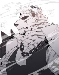 Rule 34 | 1boy, animal ears, arknights, bad id, bad twitter id, bara, black tank top, chain, chain necklace, dog tags, dust, from side, furry, furry male, highres, jewelry, large pectorals, looking to the side, male focus, mountain (arknights), muscular, muscular male, necklace, pectoral cleavage, pectorals, scar, scar across eye, scar on face, short hair, sidepec, smoke, solo, tank top, tiger boy, tiger ears, ttn (239 239), upper body, white fur, white hair, wind