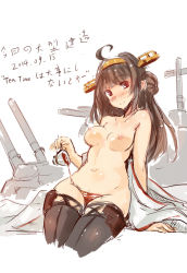 Rule 34 | 10s, 1girl, 2014, ahoge, arm support, black thighhighs, blush, breasts, brown hair, cropped legs, cup, curvy, dated, detached sleeves, head tilt, headgear, kantai collection, kongou (kancolle), long hair, looking at viewer, machinery, medium breasts, navel, nipples, pouring, sitting, sketch, smile, solo, tea, teacup, thighhighs, topless, translation request, wakamezake, windforcelan