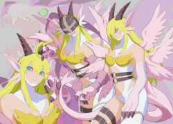 Rule 34 | 1girl, adapted costume, angel wings, angewomon, asymmetrical clothes, bare shoulders, blonde hair, blue eyes, breasts, cleavage, colored sclera, covered eyes, digimon, digimon (creature), fangs, gloves, grey background, unworn headwear, helmet, highres, holydramon, horns, long hair, looking to the side, multiple views, multiple wings, pointy ears, rae (hexedwithluck), red sclera, simple background, thigh strap, wing ears, winged helmet, wings