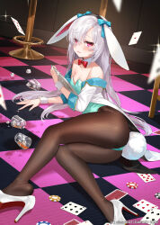 Rule 34 | 1girl, animal ears, bare shoulders, black pantyhose, blue bow, blue leotard, blush, bow, bowtie, breasts, card, checkered floor, collar, copyright request, detached collar, ear bow, fallen down, grey hair, hairband, ice, ice cube, jacket, leotard, looking at viewer, nima (niru54), off shoulder, on floor, pantyhose, pink eyes, playboy bunny, playing card, poker chip, rabbit ears, rabbit girl, rabbit tail, red bow, red bowtie, small breasts, solo, spill, strapless, strapless leotard, tail, thighs, white collar, white jacket, white wrist cuffs, wrist cuffs