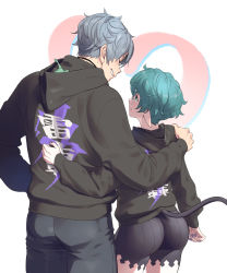 Rule 34 | 1boy, 1girl, :d, ass, back, black hoodie, closed eyes, closed mouth, eyepatch, green eyes, green hair, grey hair, grey pants, grin, heart, highres, hood, hoodie, long sleeves, nail polish, natto soup, open mouth, pandoria (xenoblade), pants, pointy ears, purple nails, purple shorts, short hair, shorts, smile, teeth, turters (xenoblade), turtle, white background, xenoblade chronicles (series), xenoblade chronicles 2, zeke von genbu (xenoblade)