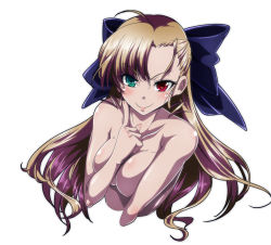 Rule 34 | 1girl, ahoge, blonde hair, blue bow, bow, breasts, completely nude, cropped torso, hair bow, heterochromia, long hair, looking at viewer, lyrical nanoha, mahou shoujo lyrical nanoha, mahou shoujo lyrical nanoha strikers, medium breasts, nude, smile, solo, tappa (esperanza), vivio, white background