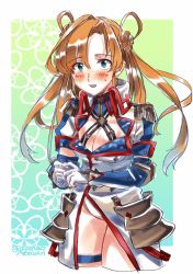 Rule 34 | 1girl, :d, abukuma (kancolle), asymmetrical bangs, blonde hair, blue eyes, blush, border, bradamante (fate), bradamante (fate) (cosplay), bradamante (second ascension) (fate), breasts, buttons, cleavage, cleavage cutout, clothing cutout, coat, commentary, cosplay, cropped legs, double bun, elbow gloves, epaulettes, fate/grand order, fate (series), floral background, gloves, gradient hair, hair between eyes, hair bun, hair rings, kantai collection, leotard, long hair, long sleeves, look-alike, looking at viewer, multicolored hair, open mouth, ribbon, sagamiso, smile, solo, sweat, twintails, twitter username, white border, white coat, white gloves