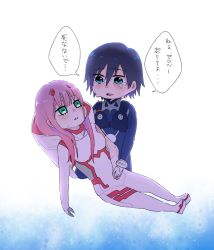Rule 34 | 10s, 1boy, 1girl, 1koma, asymmetrical horns, black bodysuit, black hair, blue eyes, blush, bodysuit, breasts, broken horn, comic, commentary request, couple, crying, crying with eyes open, darling in the franxx, eyes visible through hair, gloves, green eyes, hetero, hiro (darling in the franxx), holding hands, horns, long hair, looking at another, medium breasts, mukkun696, oni horns, pilot suit, pink hair, red horns, seiza, short hair, sitting, speech bubble, tears, torn bodysuit, torn clothes, translation request, uneven horns, white bodysuit, white gloves, zero two (darling in the franxx)
