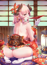 Rule 34 | 10s, 1girl, alcohol, alicia (granblue fantasy), alternate costume, ass, back, blunt bangs, blush, breasts, combat s-ko, cross, cross earrings, cup, draph, earrings, gloves, granblue fantasy, hair ornament, highres, horns, indoors, inverted nipples, japanese clothes, jewelry, kimono, large breasts, lips, long hair, looking at viewer, looking back, mature female, naked kimono, nipples, no bra, no panties, obi, off shoulder, open mouth, pillow, pink hair, pointy ears, red eyes, sakazuki, sake, sash, seiza, sideboob, sitting, smile, solo, thighhighs, white gloves, white thighhighs