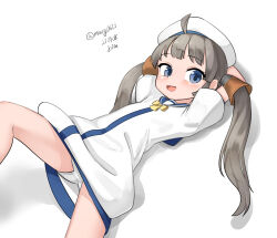 Rule 34 | 1girl, absurdres, ahoge, arm behind head, black hair, blue eyes, blue sailor collar, dated, dress, feet out of frame, highres, kaiboukan no. 22 (kancolle), kantai collection, long hair, low twintails, lying, maru (marg0613), one-hour drawing challenge, panties, pantyshot, sailor collar, sailor dress, short sleeves, simple background, smile, solo, twintails, twitter username, underwear, white background, white dress, white panties