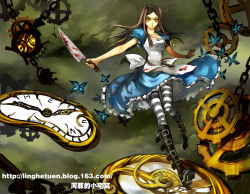 Rule 34 | 1girl, alice: madness returns, alice (alice in wonderland), american mcgee&#039;s alice, american mcgee's alice, apron, black hair, breasts, closed mouth, dress, green eyes, knife, linghetuen, long hair, looking at viewer, pantyhose, solo, striped clothes, striped pantyhose, weapon