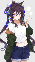 Rule 34 | 1girl, animal ears, beret, blue shorts, breasts, brown hair, closed mouth, cowboy shot, crop top, green jacket, grey background, hair between eyes, hair ribbon, hand up, hat, horse ears, horse girl, horse tail, jacket, long hair, long sleeves, looking at viewer, midriff, multicolored hair, navel, ninjin nouka, off shoulder, open clothes, open jacket, purple eyes, ribbon, shirt, shorts, small breasts, smile, solo, standing, streaked hair, tail, twintails, umamusume, v, vivlos (umamusume), white hat, white shirt