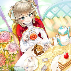 Rule 34 | 1girl, absurdres, blush, cake, cape, cookie, cup, day, flower, food, fork, frilled sleeves, frills, from above, fruit, gazebo, girls&#039; frontline, gold trim, green eyes, hair ribbon, highres, holding, holding fork, jar, kawaiihusky, kettle, leaf, long sleeves, looking at viewer, outdoors, pink flower, pink rose, plate, red cape, ribbon, rose, saucer, shirt, sidelocks, smile, solo, spoon, strawberry, sugar cube, swept bangs, table, tablecloth, tea, teacup, tsurime, two side up, vase, webley (girls&#039; frontline), white ribbon, white shirt, wooden floor
