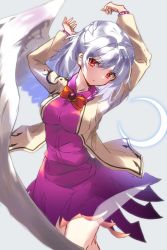 Rule 34 | 1girl, absurdres, arms up, bow, bowtie, braid, closed mouth, dress, french braid, grey hair, highres, jacket, kishin sagume, long sleeves, looking at viewer, purple dress, red bow, red bowtie, red eyes, short hair, simple background, single wing, solo, sorusugar0141, standing, touhou, white background, white jacket, white wings, wings