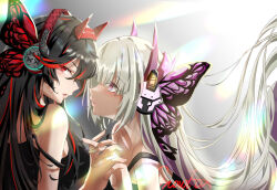 Rule 34 | 2girls, black hair, bug, butterfly, butterfly hair ornament, commentary request, fake horns, grey hair, hair ornament, headphones, highres, horns, insect, liv (punishing: gray raven), long hair, looking at viewer, lucia (punishing: gray raven), magnet (vocaloid), multicolored hair, multiple girls, parody, punishing: gray raven, purple butterfly, purple eyes, red butterfly, red eyes, red hair, signature, sleeveless, streaked hair, very long hair, vocaloid, yukikitsune kuutachibana, yuri