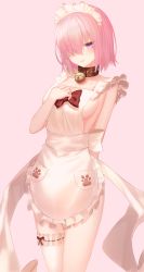 Rule 34 | 1girl, 3:, absurdres, alternate costume, apron, bare arms, bare shoulders, bell, black bow, bosumonki, bow, bowtie, breasts, bridal garter, closed mouth, collar, collarbone, cowboy shot, fate/grand order, fate (series), hair over one eye, hand on own chest, highres, jingle bell, looking at viewer, maid apron, maid headdress, mash kyrielight, medium breasts, naked apron, paw print, pink hair, purple eyes, short hair, sideboob, solo, standing, tamamo cat (third ascension) (fate), thighs