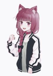 Rule 34 | 1girl, absurdres, animal ear fluff, animal ears, bestramos, black bow, black jacket, black nails, blunt bangs, blush, bocchi the rock!, bow, braid, cat ears, cat girl, commentary request, cropped torso, dot nose, hair bow, hair over shoulder, hand up, highres, hiroi kikuri, jacket, long hair, long sleeves, looking at viewer, multicolored clothes, multicolored jacket, nail polish, open clothes, open jacket, open mouth, purple eyes, purple hair, ringed eyes, simple background, single braid, smile, solo, two-tone jacket, upper body, white background, white jacket