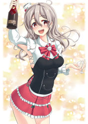 Rule 34 | 10s, 1girl, absurdres, bottle, brown eyes, cup, drinking glass, grey hair, hat, highres, kantai collection, koyohi choro, long hair, mini hat, pola (kancolle), solo, wavy hair, wine bottle, wine glass