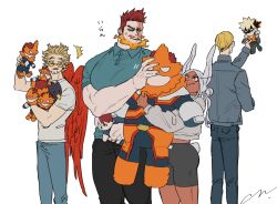 Rule 34 | 1girl, 3boys, animal ears, bad id, bad twitter id, bakugou katsuki, bara, beard, best jeanist, blue eyes, boku no hero academia, character doll, collared shirt, contemporary, dark-skinned female, dark skin, endeavor (boku no hero academia), facial hair, feet out of frame, fiery hair, frown, hawks (boku no hero academia), jo tuesday19, large pectorals, looking at another, mature male, mirko, multiple boys, muscular, muscular male, mustache, hugging object, pectorals, rabbit ears, red hair, scar, scar across eye, scar on face, shirt, short hair, sideburns, signature, spiked hair, sunglasses, sweatdrop, tight clothes, tight shirt, todoroki shouto, tokoyami fumikage, translation request