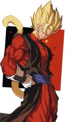 Rule 34 | 1boy, absurdres, baggy pants, biceps, black vest, blonde hair, blue sash, covered abs, covered collarbone, cowboy shot, dragon ball, dragon ball heroes, earrings, gloves, green eyes, hair between eyes, highres, jewelry, long sleeves, looking at viewer, male focus, monkey tail, multicolored background, muscular, muscular male, open clothes, open vest, pants, parted lips, pectorals, potara earrings, red pants, red shirt, relio db318, sash, shirt, simple background, smile, smirk, solo, spiked hair, standing, super saiyan, super saiyan 1, tail, v-shaped eyebrows, vegetto, vegetto (xeno), veins, vest, white background, white gloves