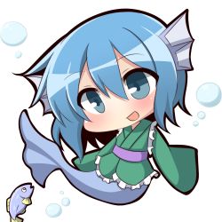 Rule 34 | 1girl, blue eyes, blue hair, bubble, chibi, fins, fish, fish tail, head fins, japanese clothes, kimono, matching hair/eyes, mermaid, monster girl, solo, tail, touhou, twumi, wakasagihime, white background, wide sleeves