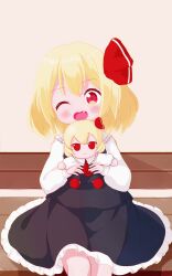 Rule 34 | 1girl, absurdres, antennae, black vest, blonde hair, doll, fang, fumo (doll), hair ribbon, highres, holding, holding doll, looking at viewer, open mouth, red eyes, ribbon, rumia, short hair, skirt, skirt set, solo, touhou, vest
