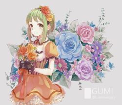 Rule 34 | 1girl, anniversary, black gloves, blue flower, blue rose, bouquet, character name, detached collar, dress, floral background, flower, frilled dress, frilled sleeves, frills, gem, gloves, green eyes, green hair, gumi, hair flower, hair ornament, hairband, holding, holding bouquet, leaf, looking at viewer, orange dress, orange flower, orange rose, pink flower, pink rose, puffy short sleeves, puffy sleeves, purple flower, purple rose, red flower, red rose, rose, sentaro207, short hair, short hair with long locks, short sleeves, sidelocks, smile, solo, vocaloid, wing collar, yellow flower, yellow rose