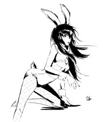 Rule 34 | 1girl, alternate hair length, alternate hairstyle, animal ears, bare shoulders, breasts, cleavage, dh (brink of memories), fake animal ears, fishnet pantyhose, fishnets, greyscale, hair over one eye, long hair, monochrome, on one knee, pantyhose, persona, persona 4, persona x detective, playboy bunny, rabbit ears, rabbit tail, shirogane naoto, sketch, small breasts, solo, tail, wrist cuffs