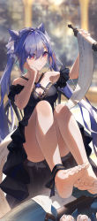 Rule 34 | 1girl, absurdres, alternate costume, ankle ribbon, arm up, bare legs, barefoot, black dress, black ribbon, blurry, blurry background, breasts, cheek rest, cleavage, closed mouth, cone hair bun, double bun, dress, feet, feet up, flower, frilled dress, frilled sleeves, frills, genshin impact, gold trim, hair between eyes, hair bun, hair ribbon, hand up, highres, holding, holding scroll, keqing (genshin impact), leg ribbon, long hair, looking at object, medium breasts, off-shoulder dress, off shoulder, on chair, paper, purple eyes, purple hair, ribbon, rose, scroll, short sleeves, sidelocks, sitting, solo, swkl:d, toes, twintails, two-tone ribbon, white flower, white ribbon, white rose
