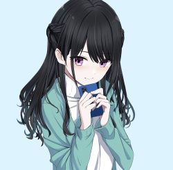 Rule 34 | 1girl, alternate hairstyle, black hair, braid, cellphone, commentary request, dot nose, french braid, highres, idolmaster, idolmaster shiny colors, iphone 11 pro, jacket, kazano hiori, long hair, mole, mole under mouth, pale skin, phone, purple eyes, ryouta (ryouta335), smartphone, sweater, turtleneck, turtleneck sweater