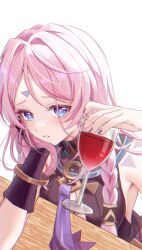 1girl absurdres alcohol arm_support black_gloves blue_eyes citlali_(genshin_impact) cup drinking_glass genshin_impact gloves hand_up highres holding holding_cup long_hair looking_at_viewer nk7ss parted_lips pink_hair pink_pupils red_wine simple_background single_glove sleeveless solo white_background wine wine_glass