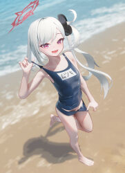 Rule 34 | 1girl, absurdres, bare arms, bare legs, bare shoulders, barefoot, beach, black one-piece swimsuit, black scrunchie, blue archive, breasts, commentary, grey hair, hair ornament, hair scrunchie, halo, highres, long hair, mr ito, mutsuki (blue archive), name tag, ocean, one-piece swimsuit, open mouth, outdoors, pink eyes, red halo, school swimsuit, scrunchie, side ponytail, small breasts, smile, solo, standing, swimsuit, water