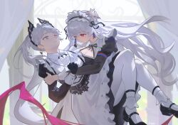 Rule 34 | 2girls, absurdres, arknights, bad anatomy, black dress, black footwear, black gloves, black hairband, breasts, character request, cleavage, commentary request, coper maileyun, curtains, dress, gloves, grey eyes, grey hair, hair between eyes, hairband, highres, irene (arknights), irene (voyage of feathers) (arknights), juliet sleeves, large breasts, long hair, long sleeves, multiple girls, pantyhose, ponytail, puffy sleeves, shoes, signature, thick eyebrows, very long hair, white pantyhose