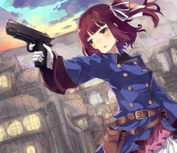 Rule 34 | 1girl, belt, belt pouch, blush, brown hair, building, dutch angle, gloves, gun, highres, holding, holding gun, holding weapon, looking at viewer, normaland, outdoors, princess principal, ribbon, short hair, side ponytail, skirt, solo, standing, stephanie (princess principal), twilight, weapon, white gloves, white ribbon, yellow eyes