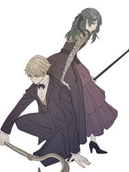 Rule 34 | 1boy, 1girl, absurdres, black dress, black hair, black suit, blonde hair, closed mouth, dress, formal, full body, glasses, green hair, hair between eyes, hakuuyori, highres, holding, holding weapon, land (sousou no frieren), looking ahead, looking back, looking to the side, multicolored hair, official alternate costume, purple eyes, serious, sidelocks, simple background, smile, sousou no frieren, suit, two-tone hair, ubel (sousou no frieren), weapon, white background, yellow eyes